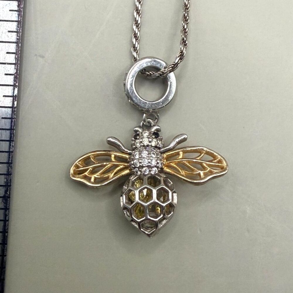925 Sterling Silver Two Tone Bee Necklace CZ Honeycomb Pendant Gold Wings 18"